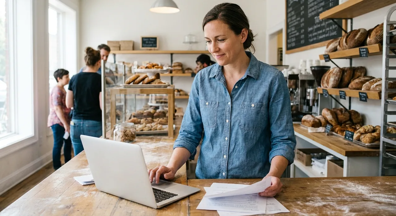 Una dueña de pequeña empresa revisando documentos de un préstamo SBA en su laptop, en el mostrador de su panadería